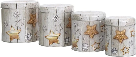 Set di 4 scatole di biscotti natalizi in forma di cilindro - scatole di biscotti in metallo con motivo di stelle
