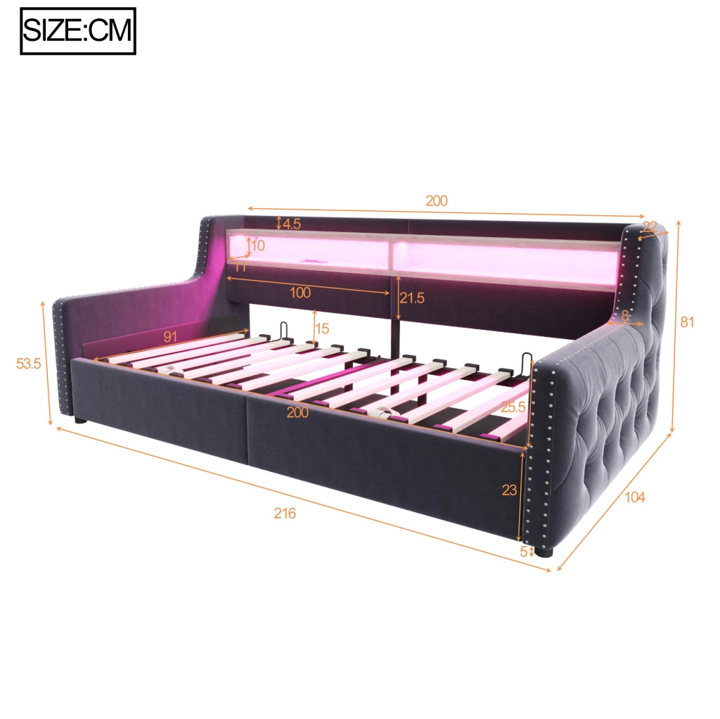 Divano letto imbottito 90x200 cm con contenitore, LED, prese USB/Type-C