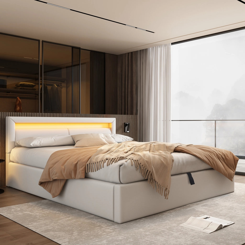 OKWISH Letto Contenitore Letto Matrimoniale con LED, Testiera 80 cm, 140×200 cm, senza Materasso, in PU, Bianco