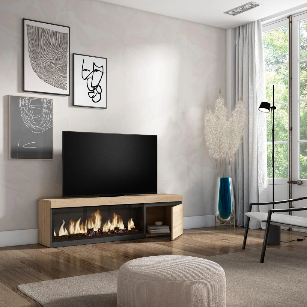 Mobile TV Soggiorno, 158x35x45cm, Per TV fino a 65", Camino elettrico XXL, colore Rovere RF3249