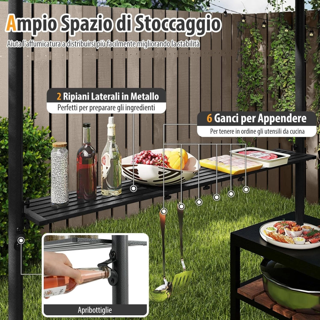 Gazebo per Barbecue 242 x 150 x 250 cm, Bazebo da Giardino per Griglia a Doppio Tetto con 2 Ripiani Laterali e 6 Ganci, Gazebo per BBQ da Giardino, Patio e Terazza, Grigio