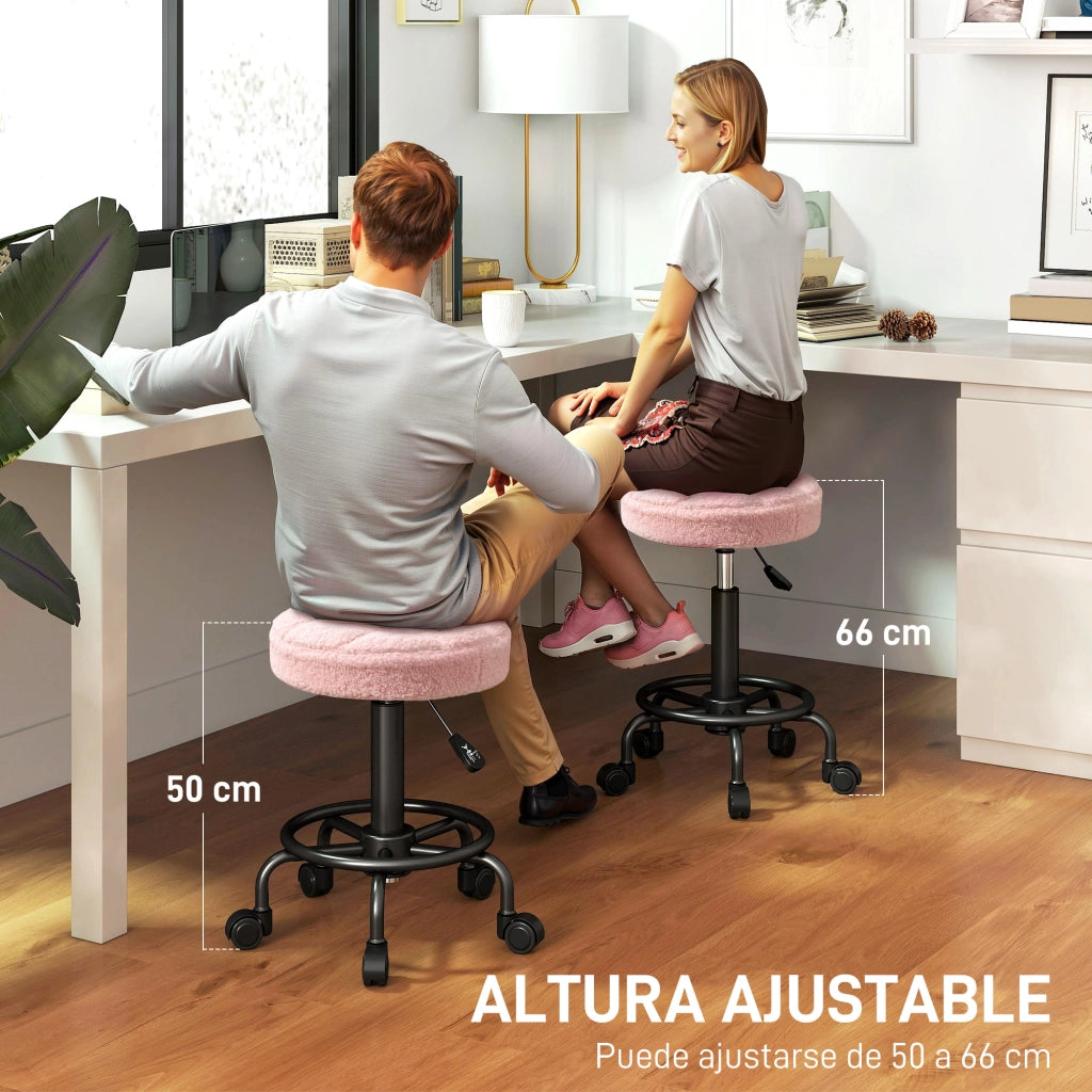 Sgabello girevole con ruote ¨C Xylo ¨C tessuto effetto borreguito rosa, altezza regolabile 50-66 cm