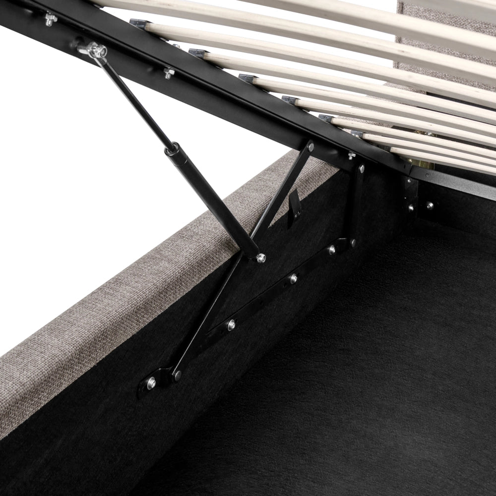 Letto contenitore rivestito in tessuto grigio marrone 180 x 200 cm testiera asimmetrica a gradini in stile scandinavo