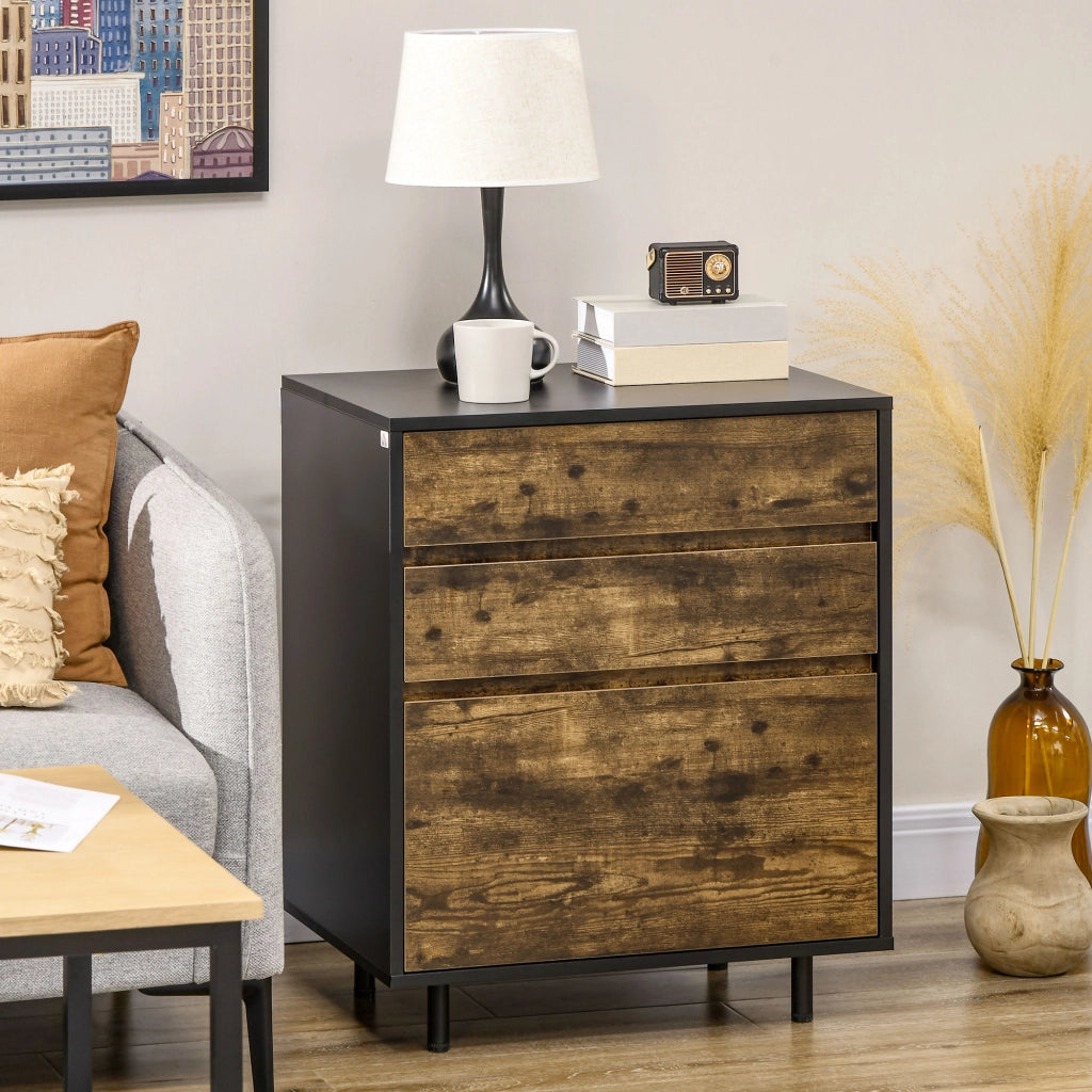 Easycomfort Cassettiera con 3 Cassetti in Truciolato dallo Stile rustico, 60x45x75cm, Marrone e nero