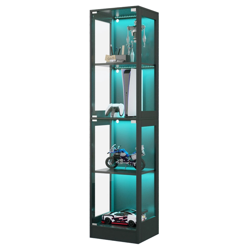 Vetrina Espositiva con LED ¨C MINIMAL ¨C Nero, Vetro Temperato, 4 Ripiani, 40x35x170