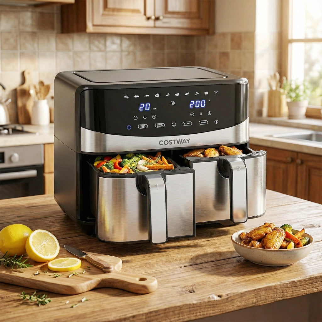 Friggitrice ad aria doppia 8L 10-in-1 doppio cestello sync cook match finish-Friggitrice touchscreen 360° 2100w lavastoviglie sicura aria calda
