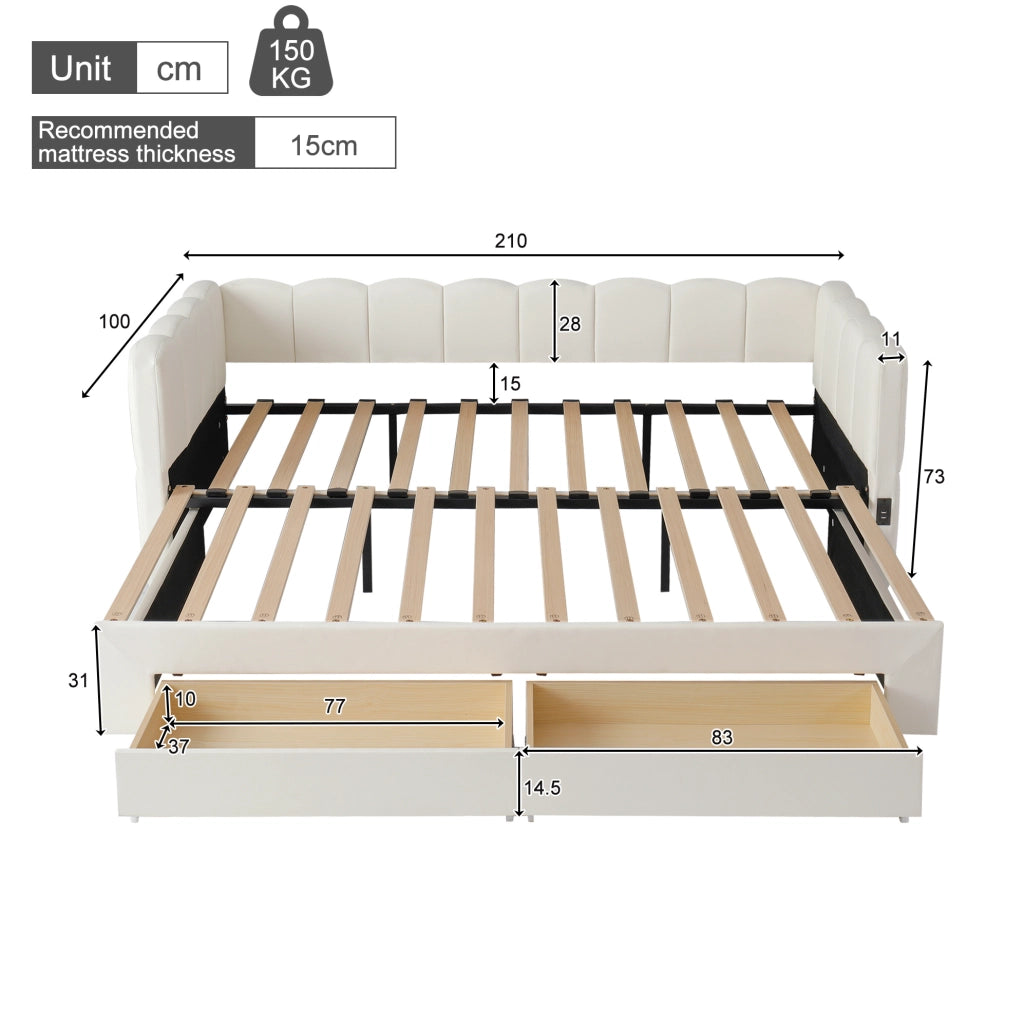 Letto daybed estraibile 90x190 cm in lino beige con 2 cassetti; USB e Type-C