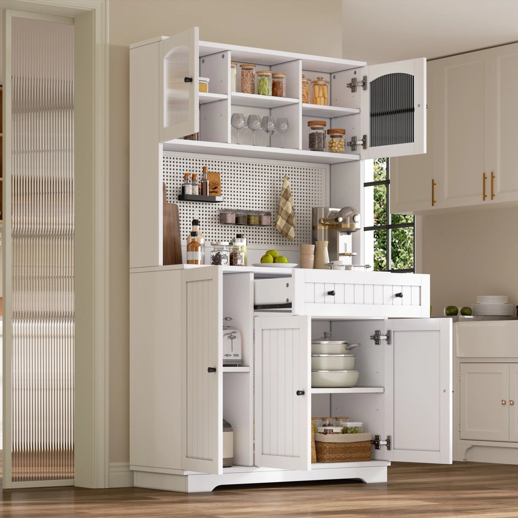 Dispensa alta con ripiani in truciolare con ante vetrina, cassetto e pannello forato bianco 103.5 × 40 × 180 cm