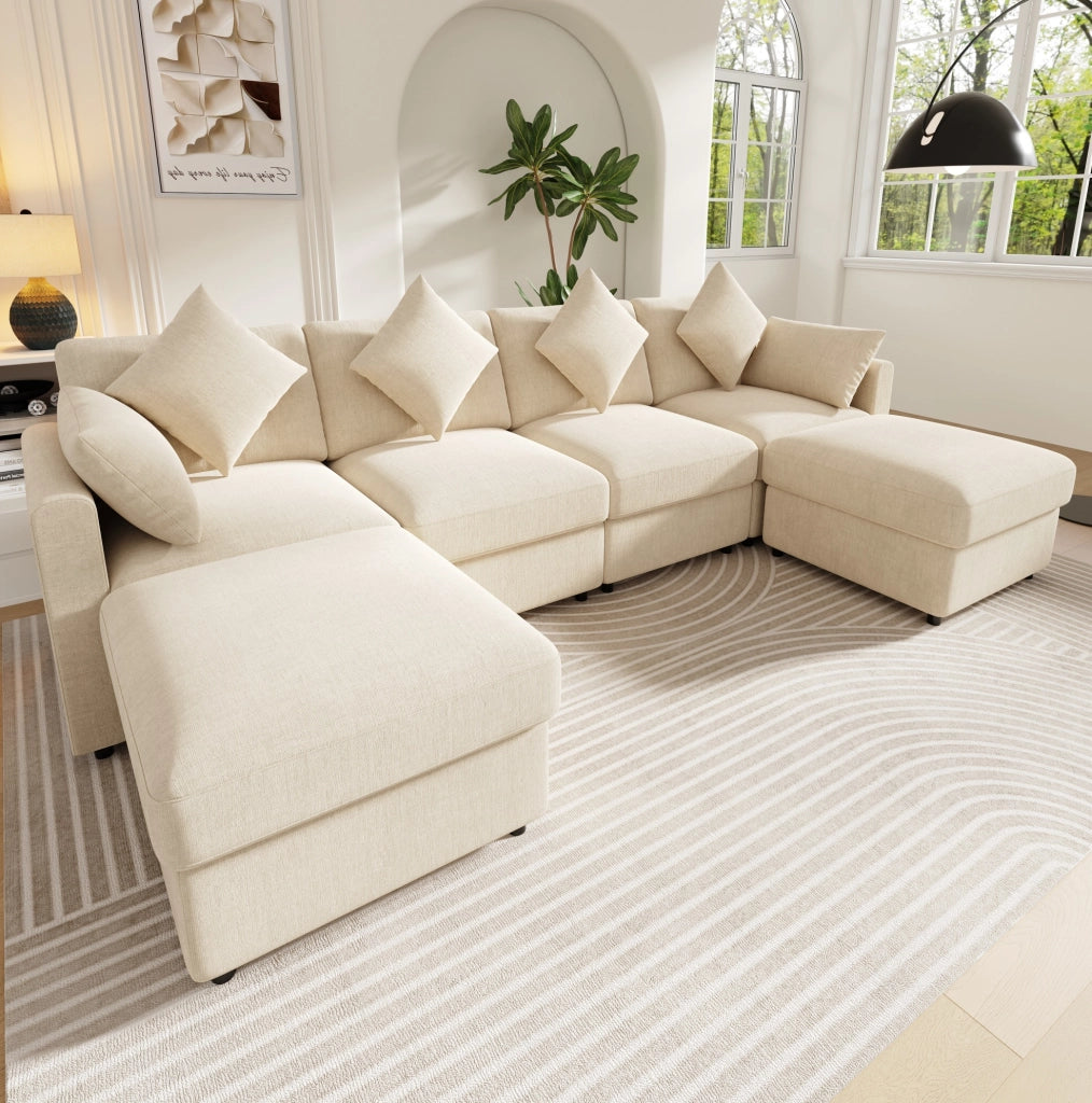 Divano modulare a forma di U/L in tessuto chenille beige con 2 pouf e 4 cuscini decorativi