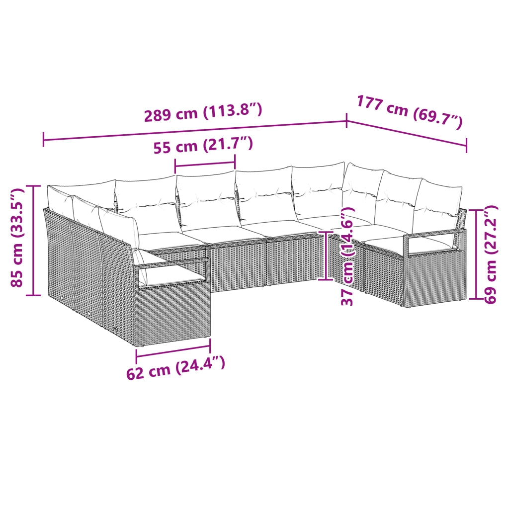 Set da giardino 9 pezzi  con cuscini grigio polyrattan