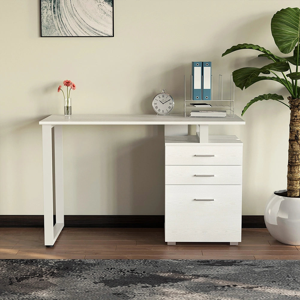 Scrivania Cassettiera Tavolo Porta Pc Computer Acciaio Legno Bianco Frassinato