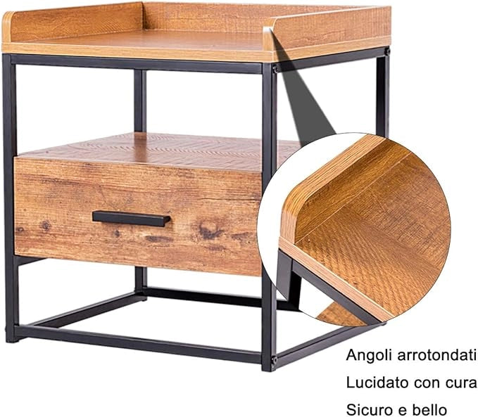 Comodino a 2 Piani con Cassetto più Grande e Ripiano Rustico, Struttura in Ferro, 49x45x40cm