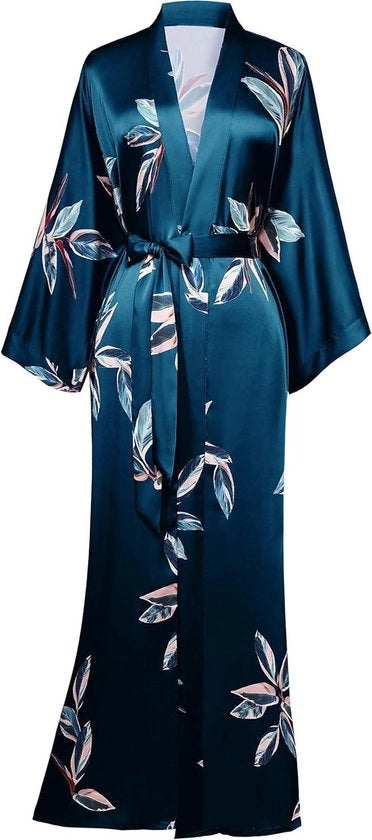 Kimono estivo per donne - Donna lunga con disegno foglia e stoffa satinata - Verde scuro - Dimensione unica - Grande taglia - Abito da spiaggia