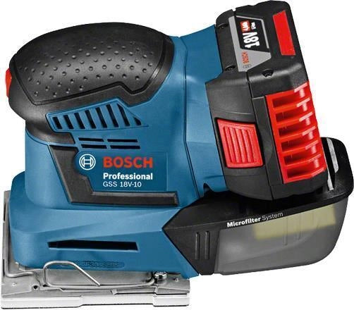 Bosch GSS 18V-10 Levigatrice Orbitale a Batteria 18 V 5 Ah con Fissaggio Velcro e Sistema Click and Clean colore Nero
