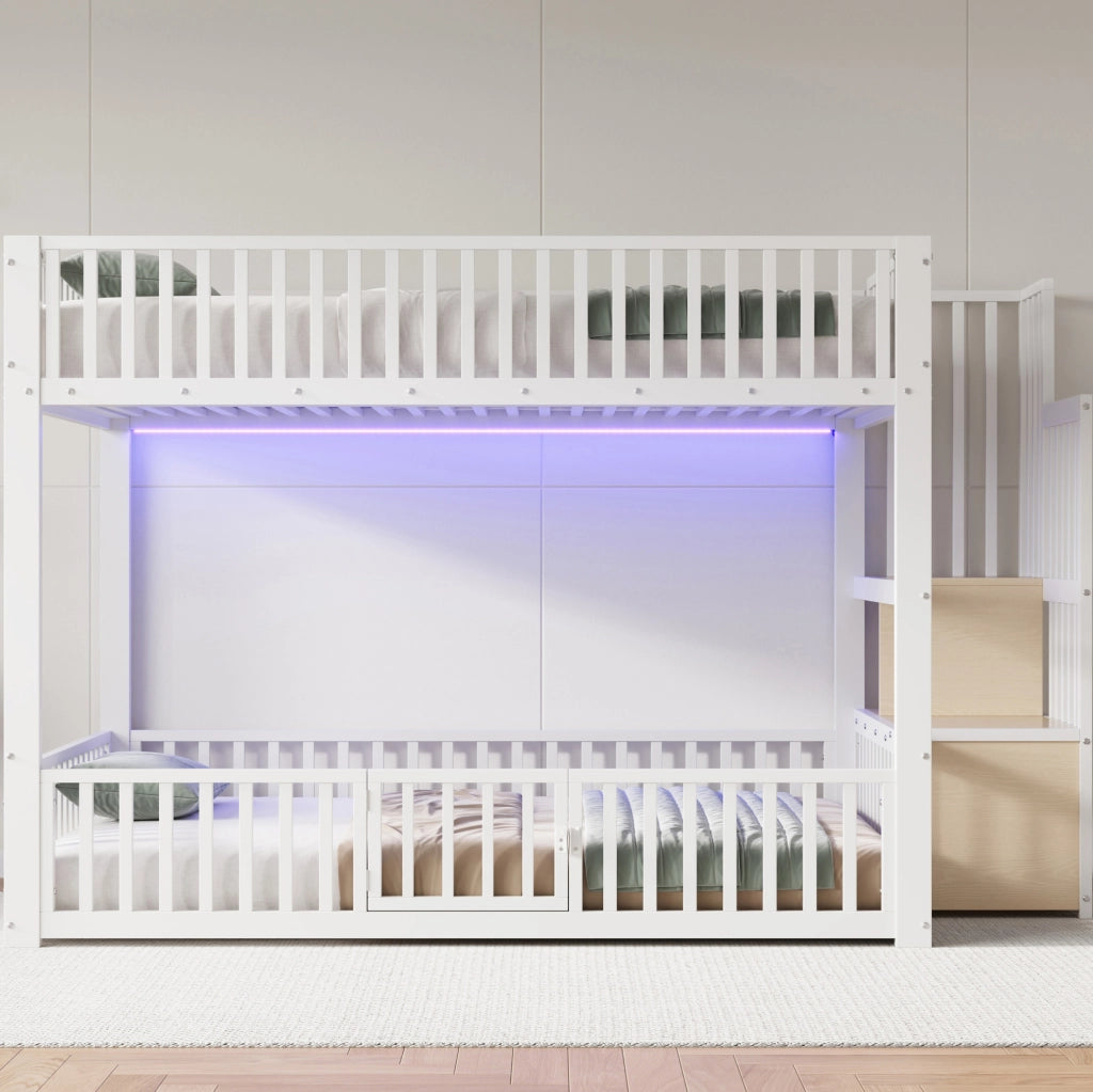 Letto a castello 140x200 cm con scala contenitore e LED; bianco; in MDF e metallo