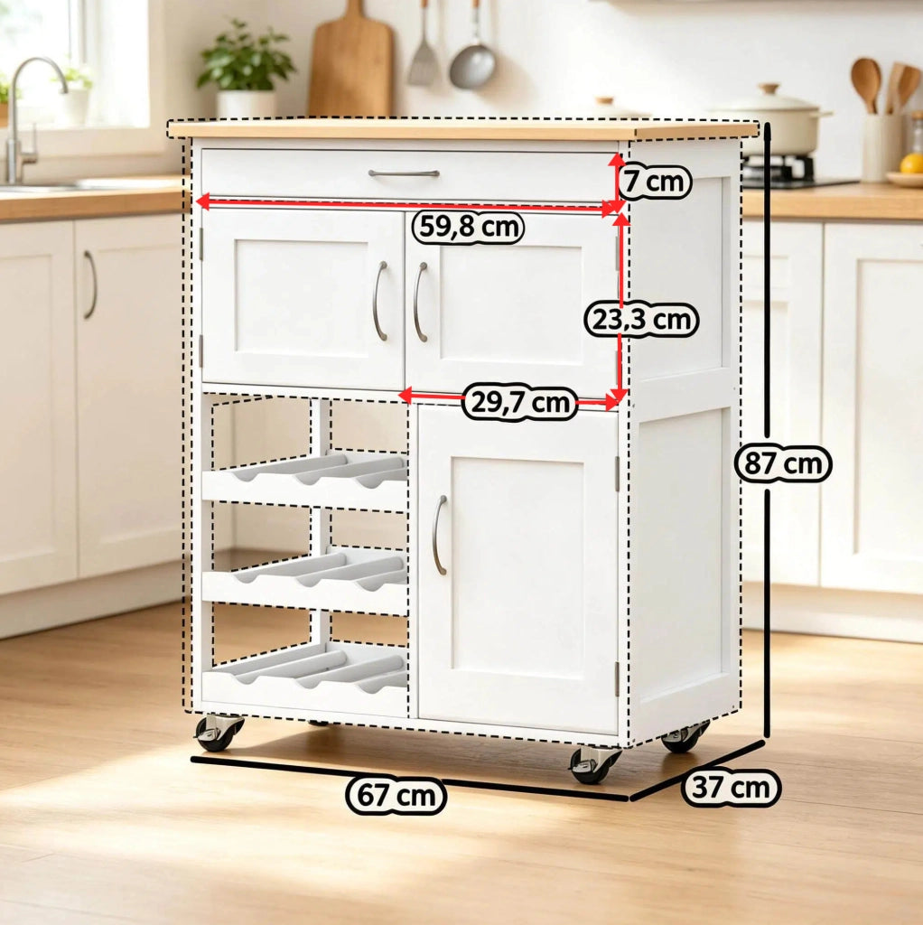 CARRELLO DA CUCINA 67x37x87 cm Bianco e Legno di Gomma con Ruote