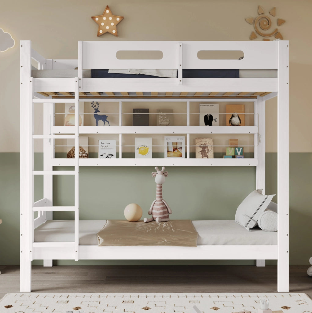 Letto a castello 90x200 cm con libreria aperta e scala a 5 gradini in legno e MDF bianco e naturale