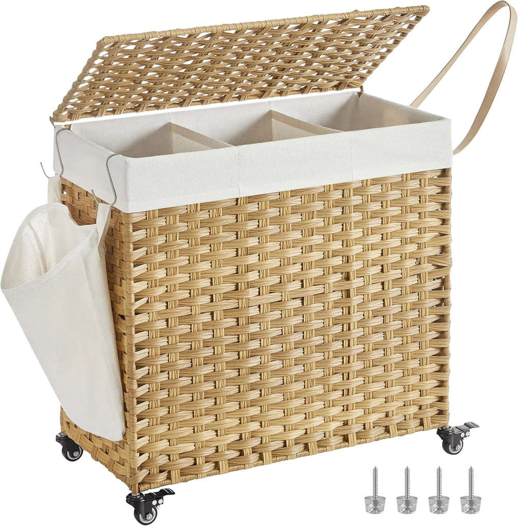 SONGMICS Cesto Portabiancheria con Coperchio, 140L, Cesta Biancheria in Rattan Sintetico con Ruote, 3 Scomparti, Sacco Rimovibile, Lavanderia Camera da Letto, 66 x 33 x 66 cm, Naturale LCB363N01