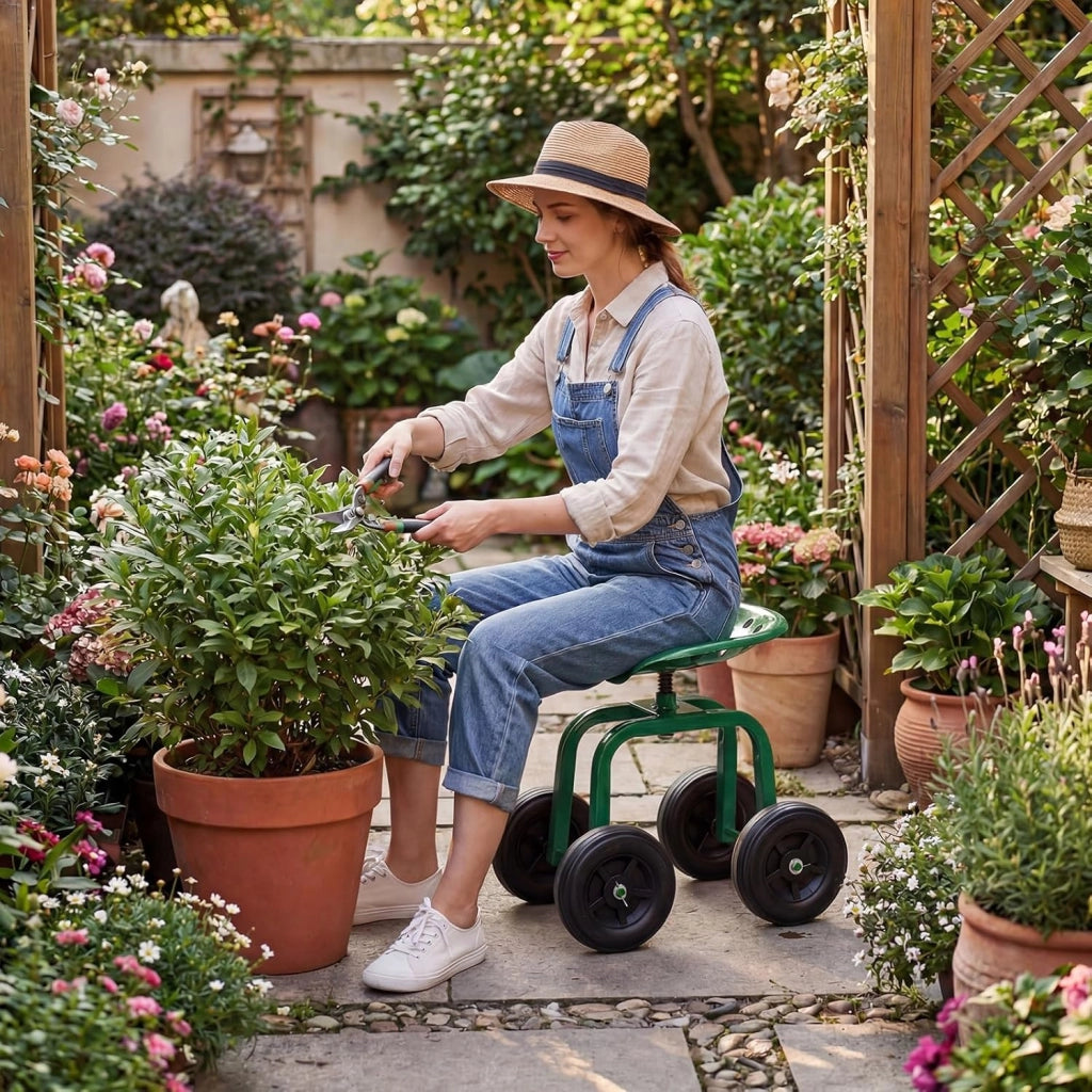 Sgabello con Ruote per Giardinaggio, Sedile con Ruote Regolabile in Altezza e Portatile, Seggiolino da Giardino, Prato e Cortile, Portata 150kg (Verde)