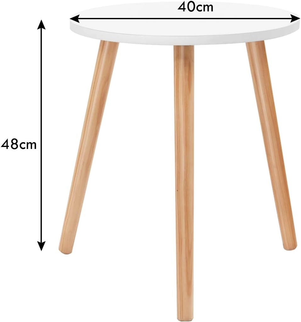 Tavolino da Caffè Rotondo, Tavolino da Soggiorno in Legno per Camera da Letto, Soggiorno, Balcone, Comodino con 3 Gambe in Pino, Bianco, 40x40x48cm