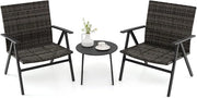 Set Tavolino e 2 Sedie, Salottino da Giardino Esterno con 2 Poltrone con Braccioli in Metallo con Schienale e Seduta in Rattan, Set da Giardino per Balcone, Veranda e Bordo Piscina