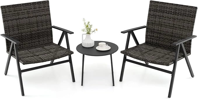 Set Tavolino e 2 Sedie, Salottino da Giardino Esterno con 2 Poltrone con Braccioli in Metallo con Schienale e Seduta in Rattan, Set da Giardino per Balcone, Veranda e Bordo Piscina