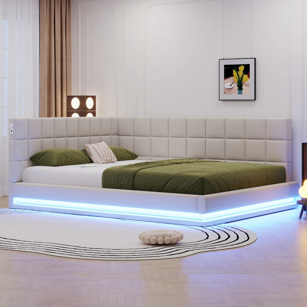 OKWISH Letto Divano 160×200 cm, Letto Matrimoniale con LED Multicolore, USB e Doghe, senza Materasso, in Tessuto Lino, Beige