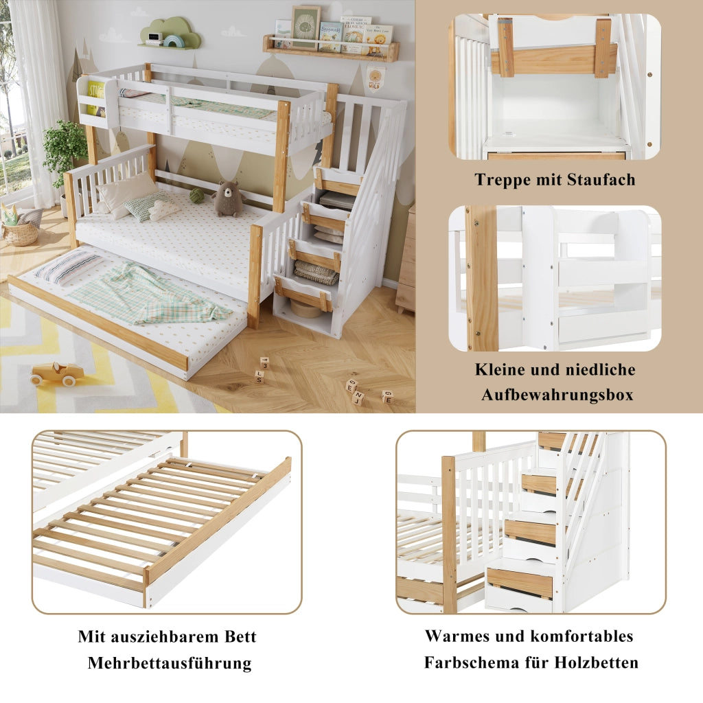 DESMIU Lit a castello 90 × 200 cm e 120 × 200 cm 3 posti con letto estraibile, scala e ripiano, senza materasso