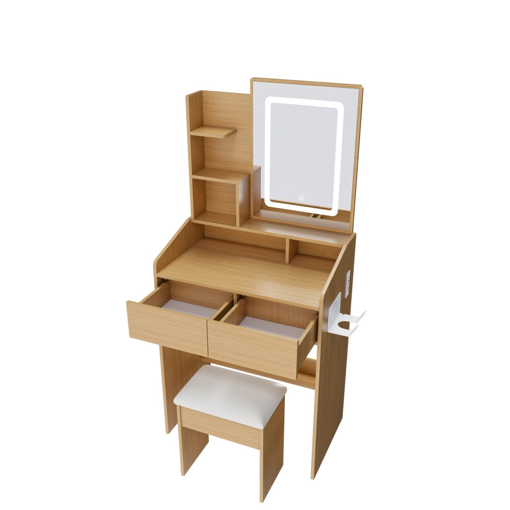 Tavolo da toeletta con specchio LED; presa; porta asciugacapelli; sgabello imbottito; compatto per piccole camere; Bianco; B60×H130×P36cm