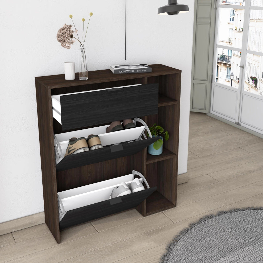 Scarpiera Ingresso, 90x27x102cm, 10 paia di scarpe, Armadio, Rovere scuro e Nero