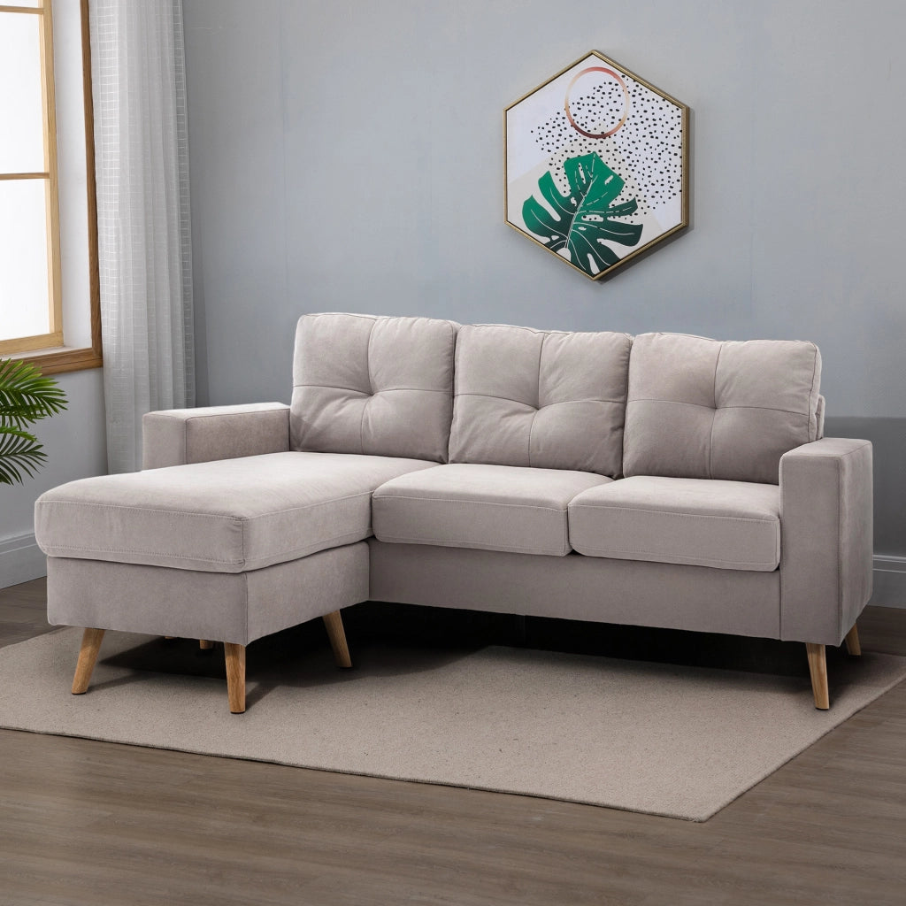 Divano angolare a L con chaise longue reversibile, 3 posti, tessuto effetto lino, grigio chiaro