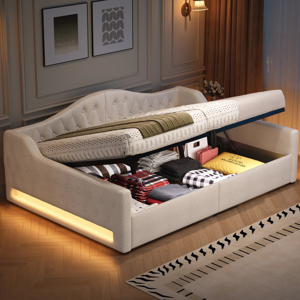 LETTO Contenitore 140x200 cm con LED Beige in MDF e Plywood