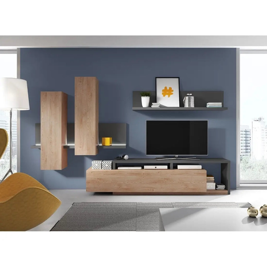 Mobile TV 220cm collezione BERGAMO. Colore quercia e grigio antracite.
