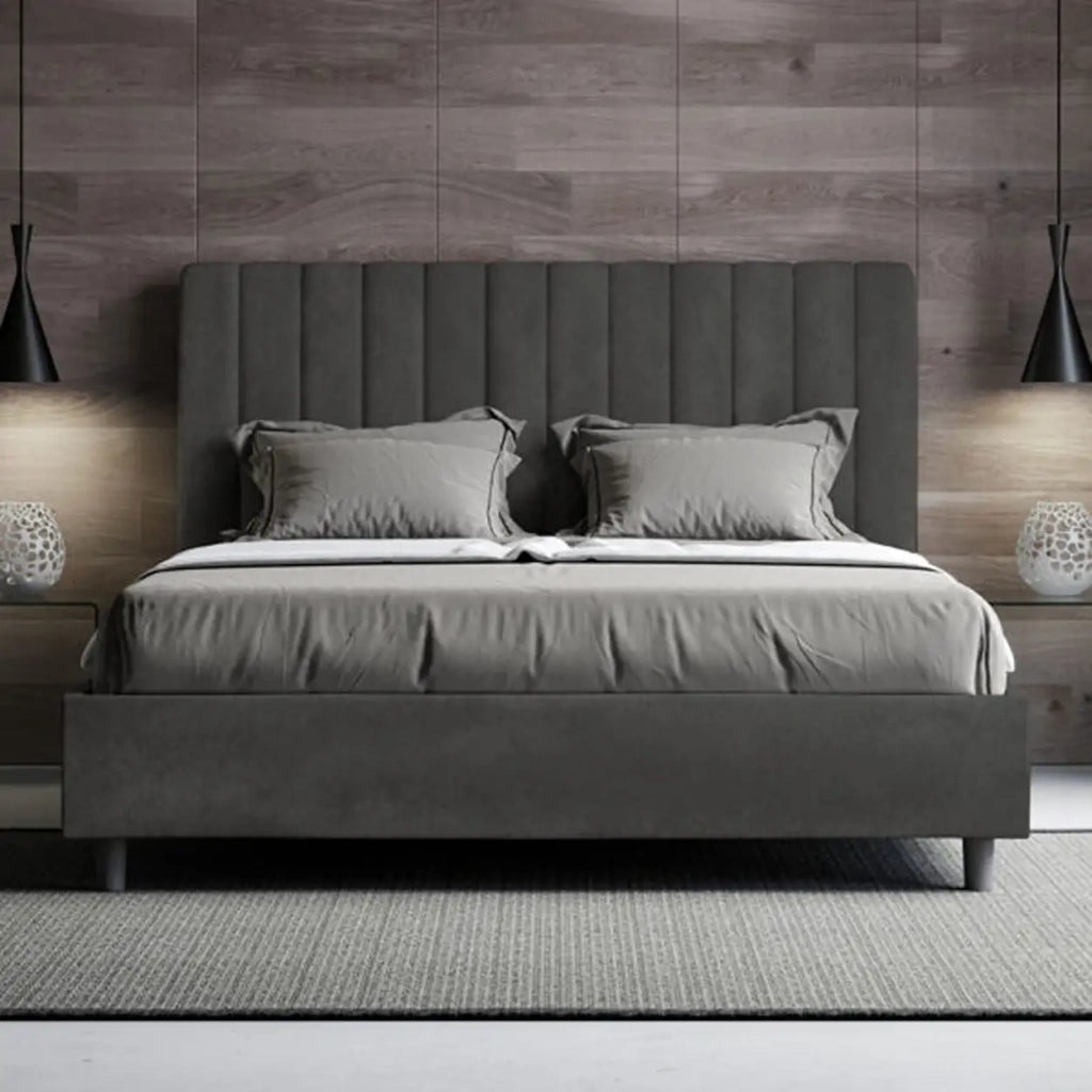 Letto matrimoniale francese contenitore imbottito 140x190 microfibra grigio Agueda