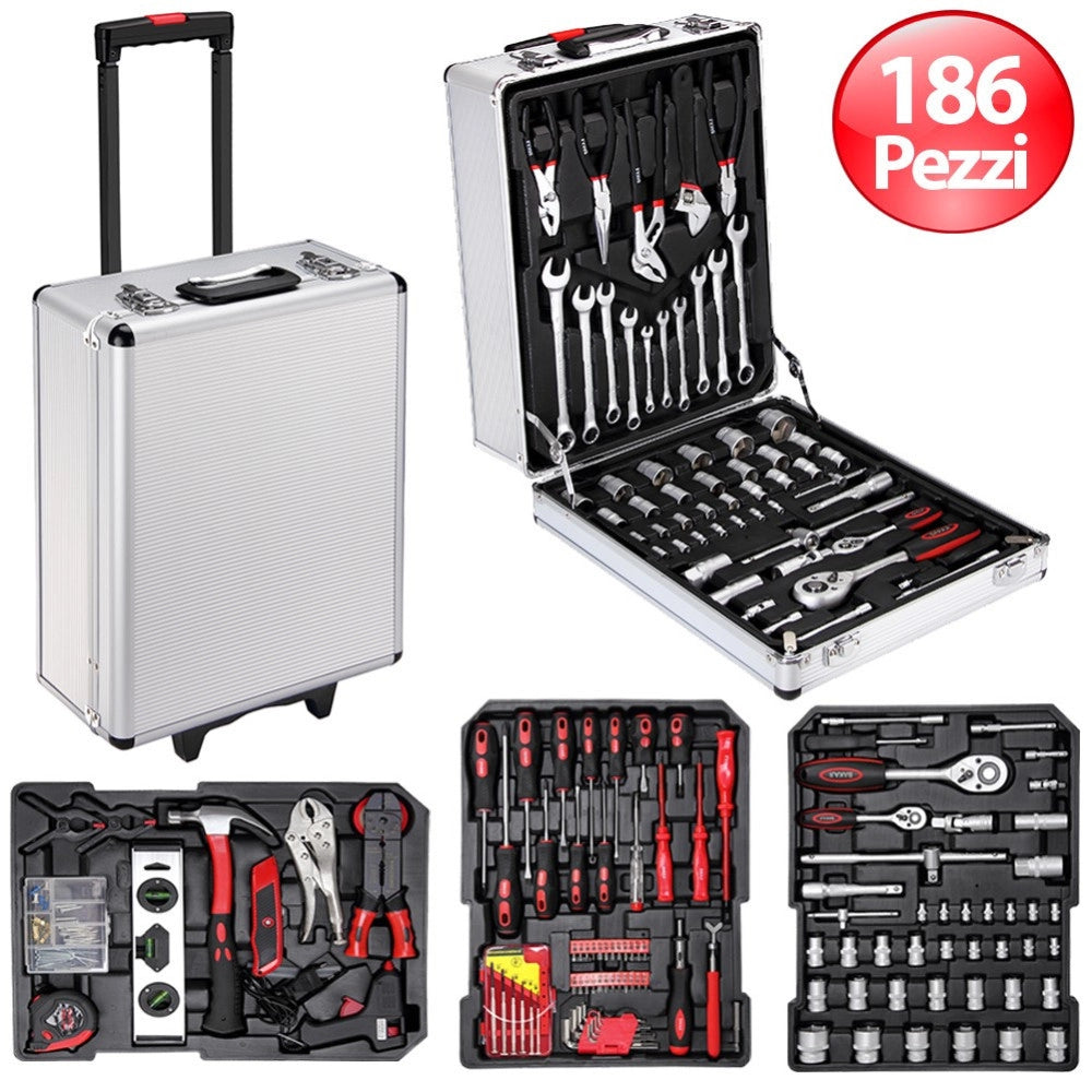 Trade Shop - Set Attrezzi 186pz Trolley Valigia Portattrezzi Cassetta Portautensili Lavoro -