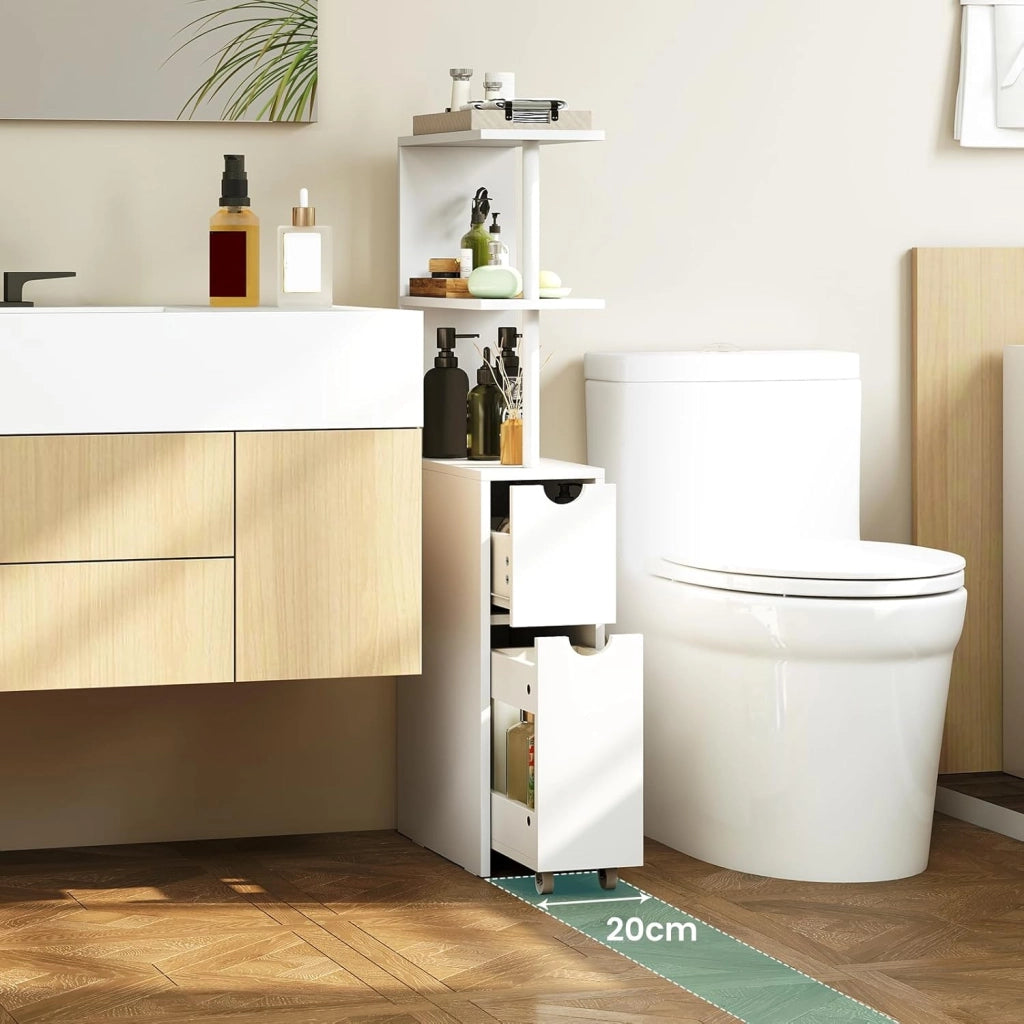 Mobile da Bagno Salvaspazio, Mobiletto Stretto e Autoportante con Ripiani Aperti, Cassetto Scorrevole e Carrello Estraibile, Mobiletto a Terra in Legno per Cucina, 45 × 20 × 114 cm