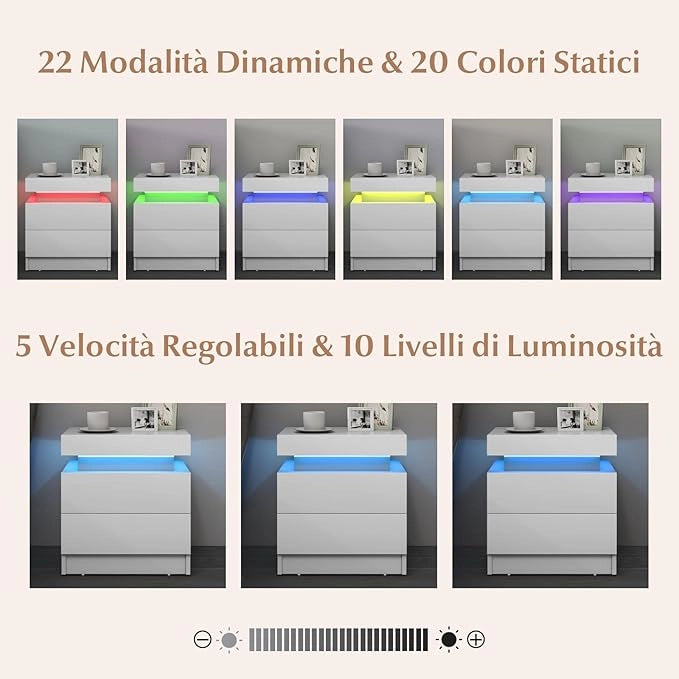Tavolino da Salotto con 2 Cassetti e Luci a LED, Tavolino Moderno con Finitura Lucida Effetto Marmo, Comodino per Camera da Letto e Soggiorno, 45 x 35 x 52 cm (Bianco)