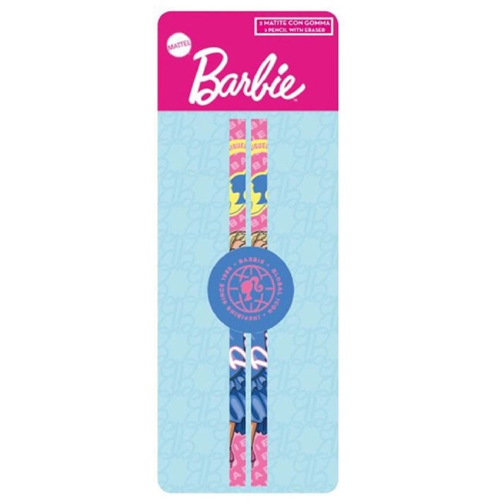 Trade Shop - Set 2 Pz Matite Con Gomma Rotonda Grafica Barbie Cancelleria Scuola Bambine 960641 -