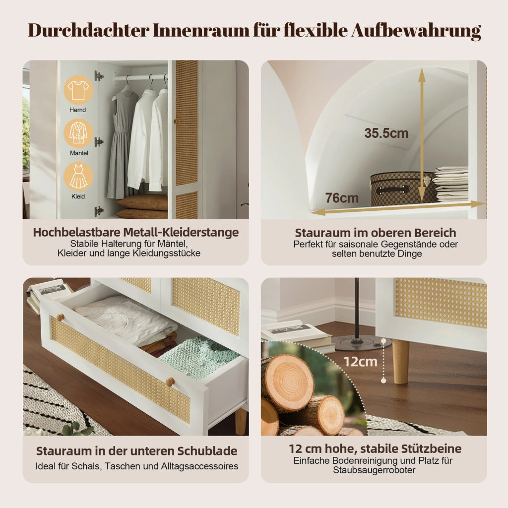 Armadio con asta appendiabiti; cassetto e chiusura soft close; MDF bianco e rattan 80 × 50 × 180 cm