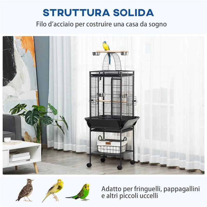 GABBIA PER PAPPAGALLINI CON 2 POSATOI E SCALA AD ARCO, IN ACCIAIO, 62.5X62.5X156 CM, GRIGIA