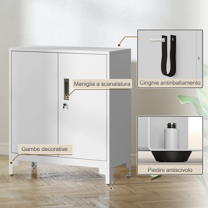 Armadietto Portadocumenti 80x35x91 cm con 2 Ante e Chiavi in Metallo Bianco
