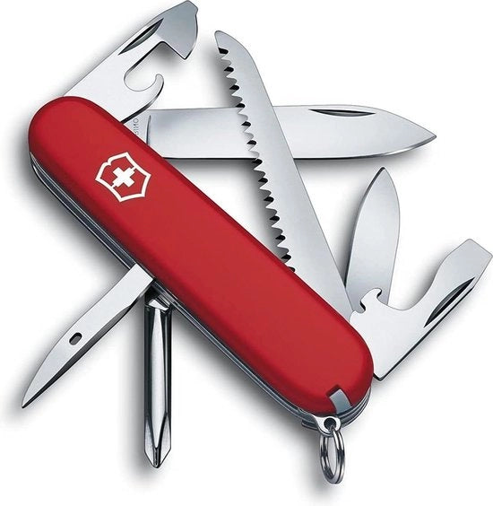 Taschenmesser per Escursionisti - 13 Funzioni - Serra in Legno - Isolatore di Filo - Chiave a Croce di Phillips - Spazzolino da Denti - Rosso