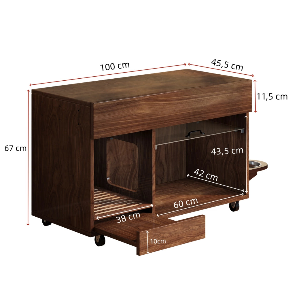 Mobile coperto per lettiera per gatti con vassoio raccogli sabbia e ruote, per soggiorno, in MDF, noce, 100 × 45,5 × 67 cm