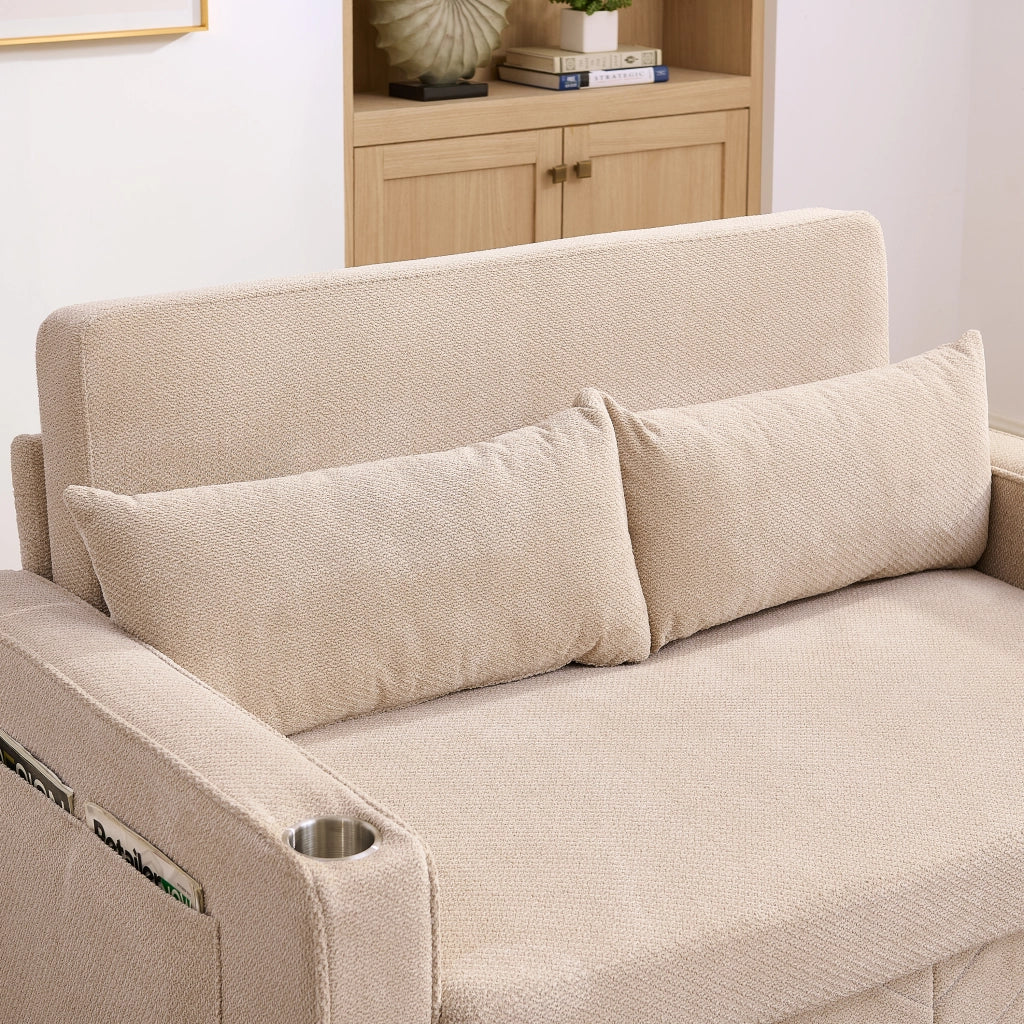 Divano letto 2 posti con trasformazione scorrevole e porte usb in legno e tessuto beige 195 × 134 × 73 cm