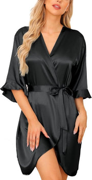 Kimono da Bagno Sexy per Donna con Cintura, in Satin, per Abbigliamento da Sposa e Notte, Nero