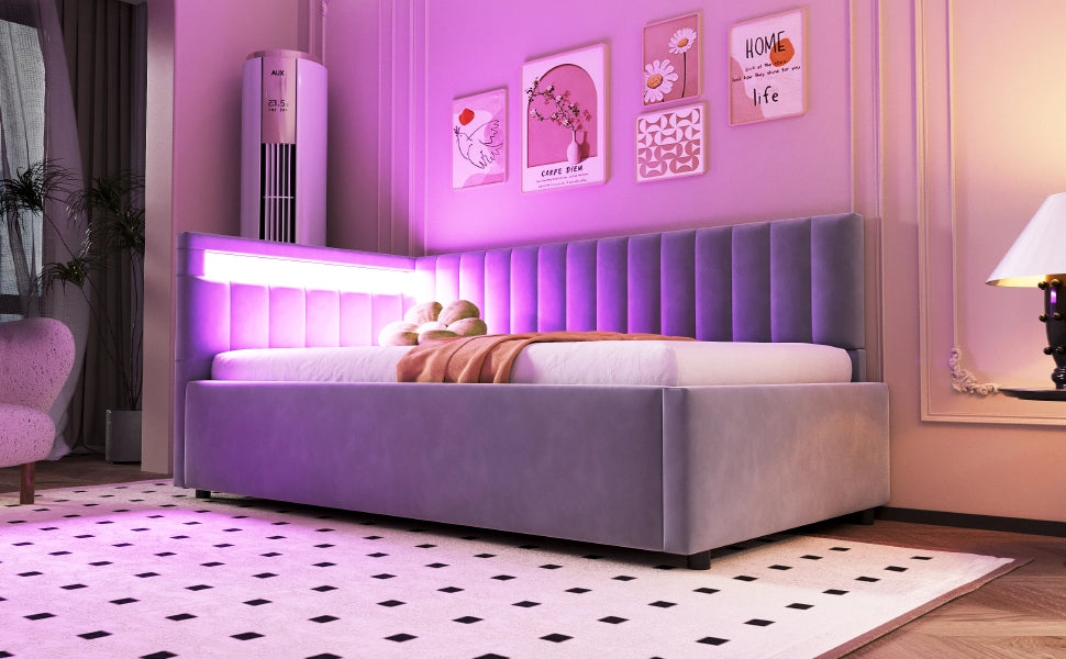 Divano letto imbottito in velluto con LED; contenitore idraulico e testiera reversibile; grigio chiaro; 90x200 cm; senza materasso