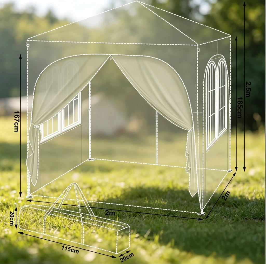 Pavillon pieghevole 2x2 m con pareti laterali e struttura metallica