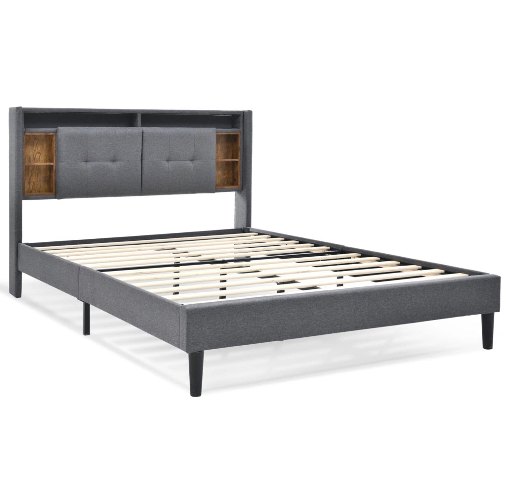 Letto matrimoniale imbottito 140x200 cm con testiera contenitore; LED e prese USB; grigio
