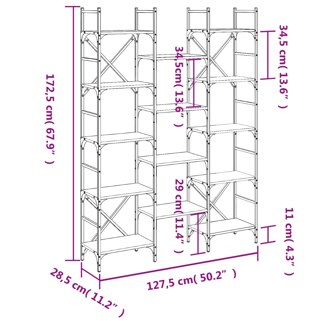 Libreria-Scaffale per Libri-Mobile di Stoccaggio Grigio Sonoma 127,5x28,5x172,5 cm in Legno Multistrato