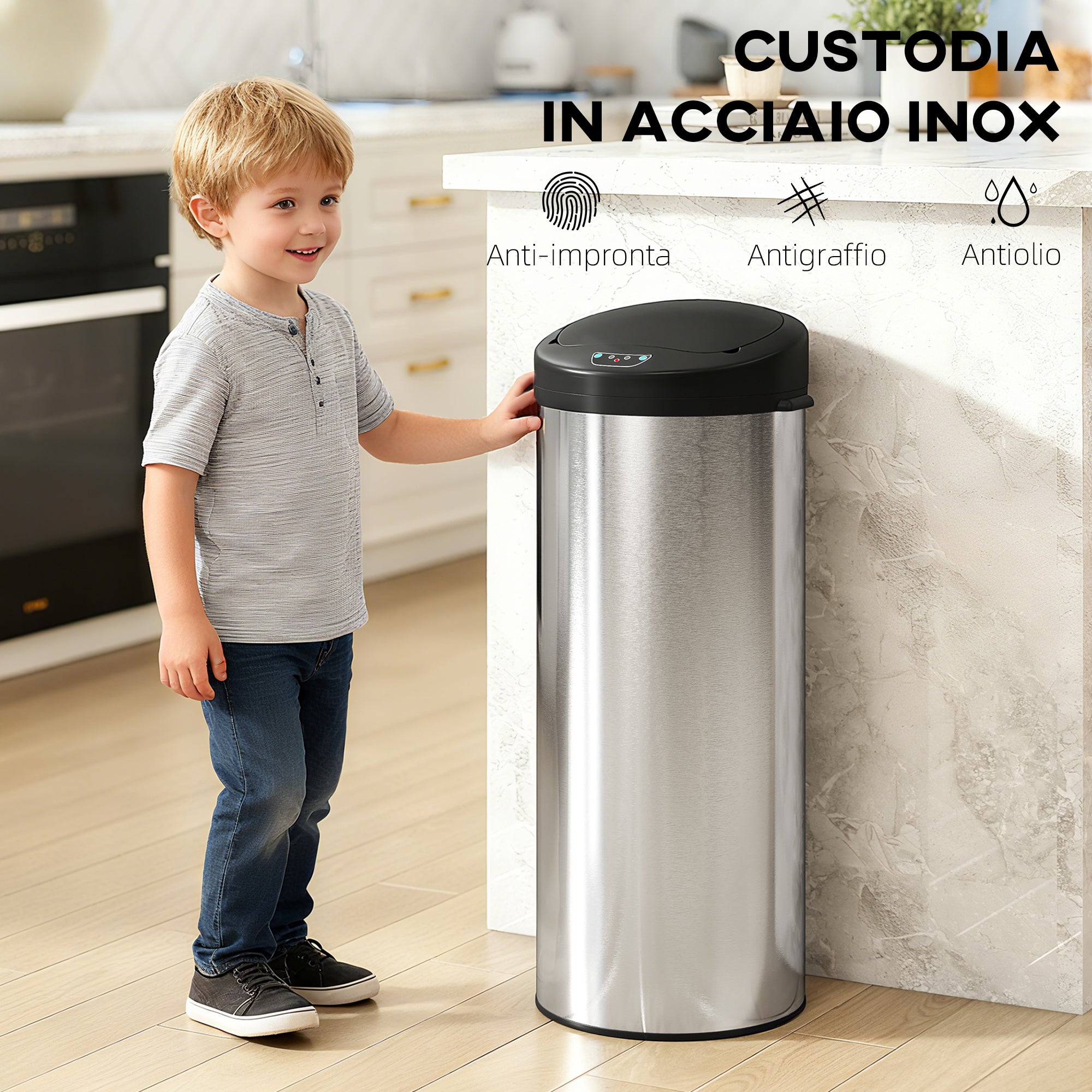 Pattumiera 32x30x72.5 cm Capacità da 55L con Sensore per Apertura Automatica e Chiusura Ammortizzata Argento